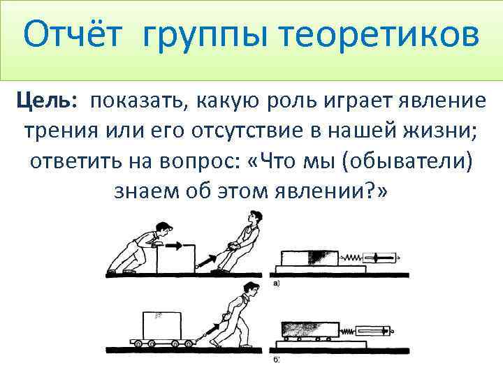 Отчёт группы теоретиков Цель: показать, какую роль играет явление трения или его отсутствие в