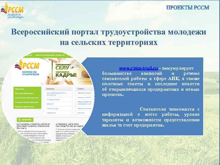 Всероссийский портал трудоустройства молодежи на сельских территориях www. rssm-trud. ru - аккумулирует большинство вакансий