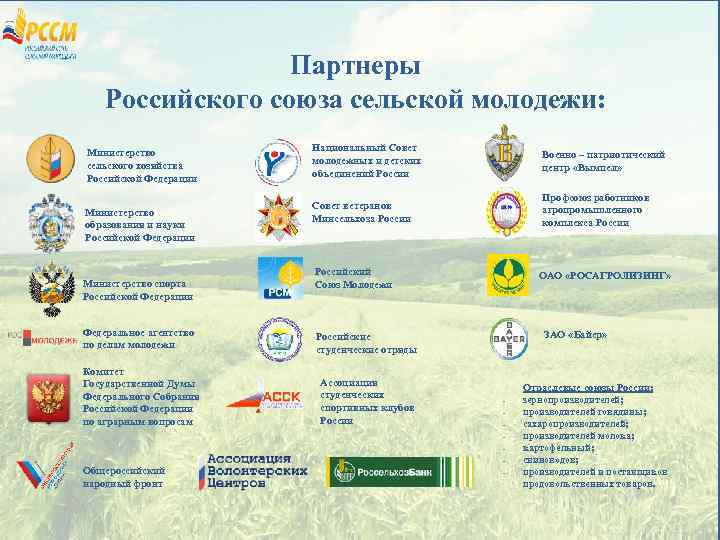 Партнеры Российского союза сельской молодежи: Министерство сельского хозяйства Российской Федерации Министерство образования и науки