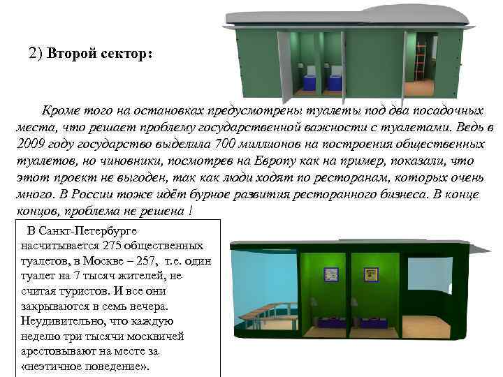 2) Второй сектор: Кроме того на остановках предусмотрены туалеты под два посадочных места, что