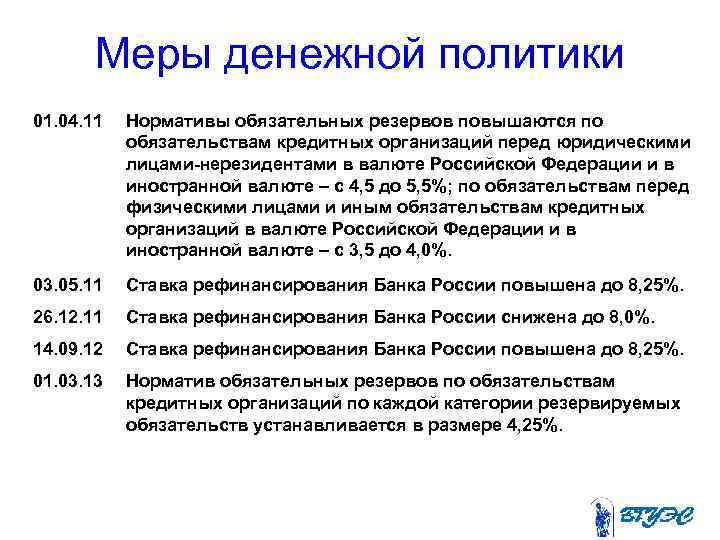 Меры денежной политики 01. 04. 11 Нормативы обязательных резервов повышаются по обязательствам кредитных организаций