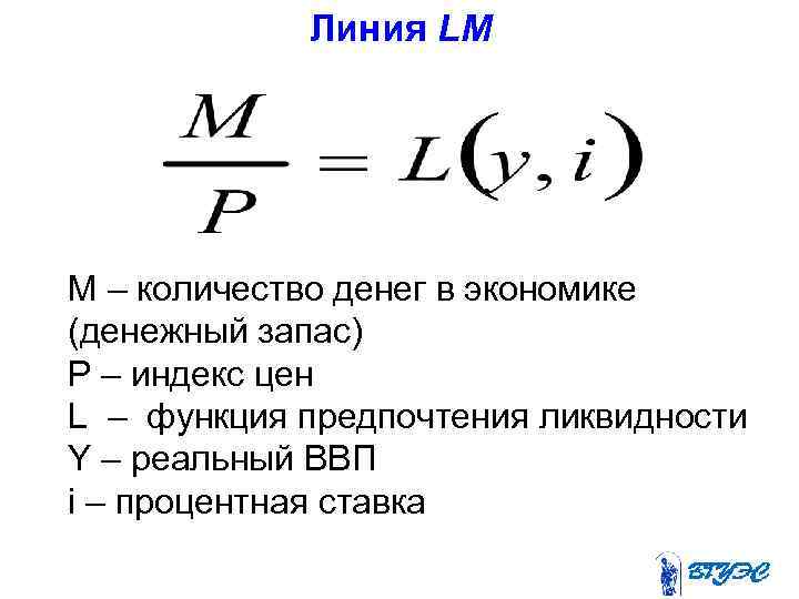 Линия LM M<L М – количество денег в экономике (денежный запас) Р – индекс
