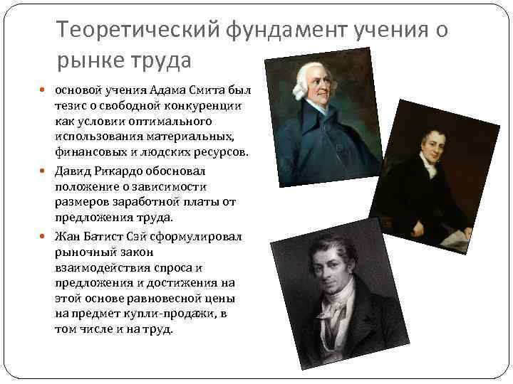 Теоретический фундамент учения о рынке труда основой учения Адама Смита был тезис о свободной