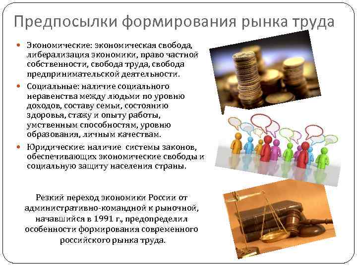 Предпосылки формирования рынка труда Экономические: экономическая свобода, либерализация экономики, право частной собственности, свобода труда,