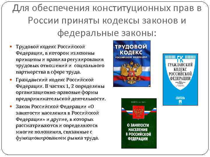 Для обеспечения конституционных прав в России приняты кодексы законов и федеральные законы: Трудовой кодекс