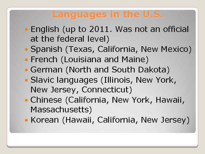 Languages in the U. S. English (up to 2011. Was not an official at