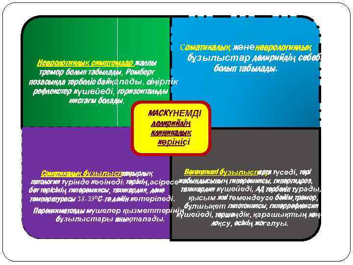 Cоматикалық жәненеврологиялық бұзылыстар делирийдің себебі болып табылады. Неврологиялық симптомдар жалпы тремор болып табылады, Ромберг