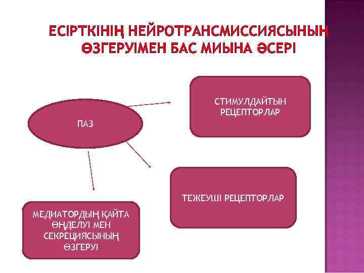 ЕСІРТКІНІҢ НЕЙРОТРАНСМИССИЯСЫНЫҢ ӨЗГЕРУІМЕН БАС МИЫНА ӘСЕРІ СТИМУЛДАЙТЫН РЕЦЕПТОРЛАР ПАЗ ТЕЖЕУШІ РЕЦЕПТОРЛАР МЕДИАТОРДЫҢ ҚАЙТА ӨҢДЕЛУІ