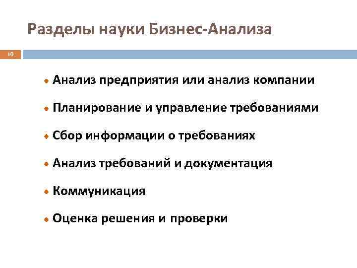 Разделы науки Бизнес-Анализа 10 Анализ предприятия или анализ компании Планирование и управление требованиями Сбор