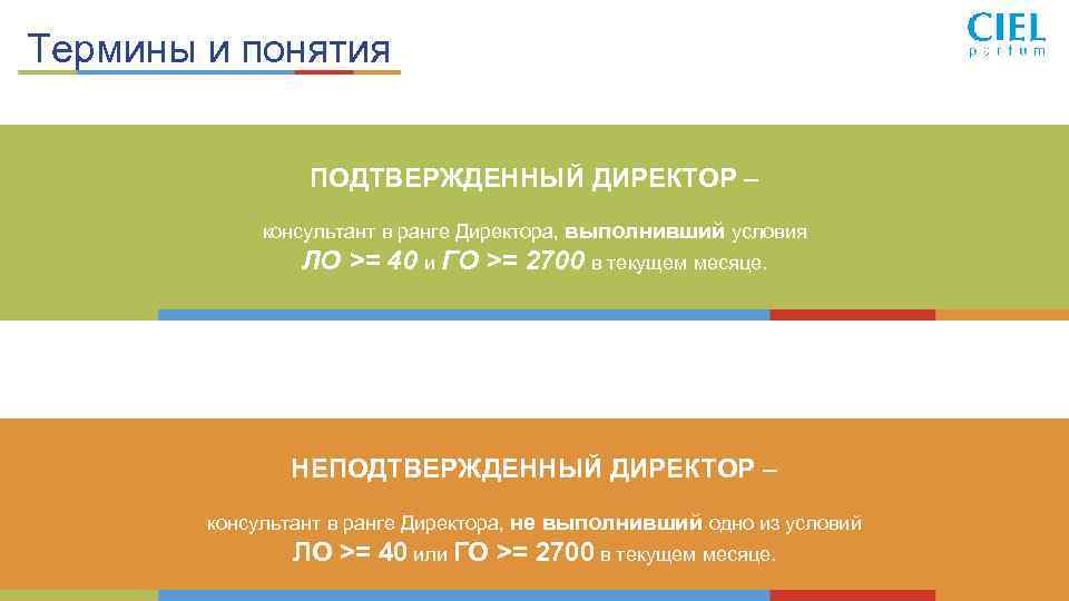 Термины и понятия ПОДТВЕРЖДЕННЫЙ ДИРЕКТОР – консультант в ранге Директора, выполнивший условия ЛО >=