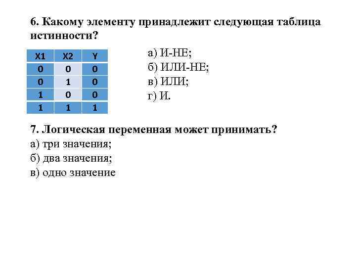 6. Какому элементу принадлежит следующая таблица истинности? а) И-НЕ; Х 1 Х 2 Y