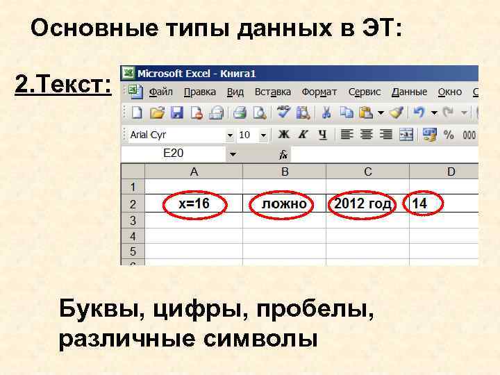 Основные типы данных в ЭТ: 2. Текст: Буквы, цифры, пробелы, различные символы 