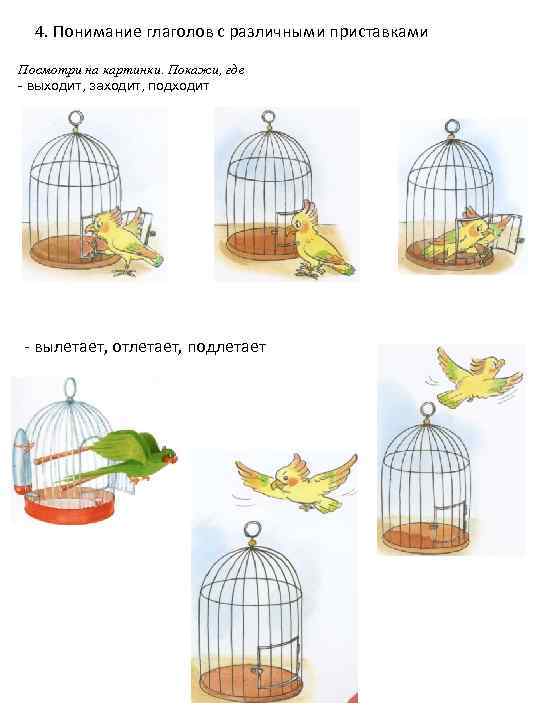 4. Понимание глаголов с различными приставками Посмотри на картинки. Покажи, где - выходит, заходит,