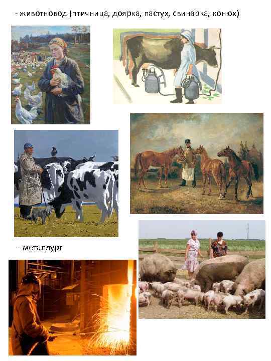 - животновод (птичница, доярка, пастух, свинарка, конюх) - металлург 