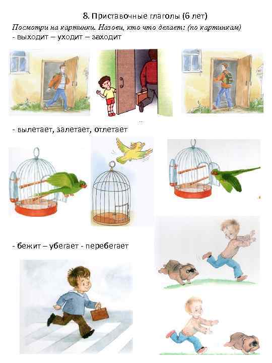 8. Приставочные глаголы (6 лет) Посмотри на картинки. Назови, кто что делает: (по картинкам)