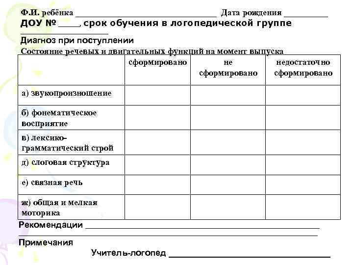 Ф. И. ребёнка ________________ Дата рождения _____ ДОУ № _____, срок обучения в логопедической