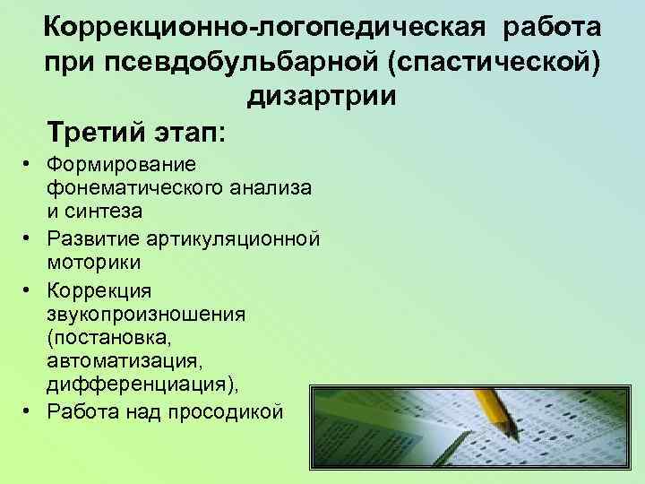 Коррекционно-логопедическая работа при псевдобульбарной (спастической) дизартрии Третий этап: • Формирование фонематического анализа и синтеза