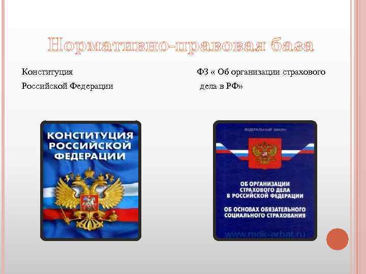 Нормативно-правовая база Конституция ФЗ « Об организации страхового Российской Федерации дела в РФ» 