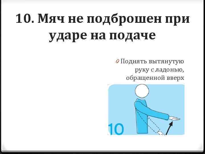 10. Мяч не подброшен при ударе на подаче 0 Поднять вытянутую руку с ладонью,