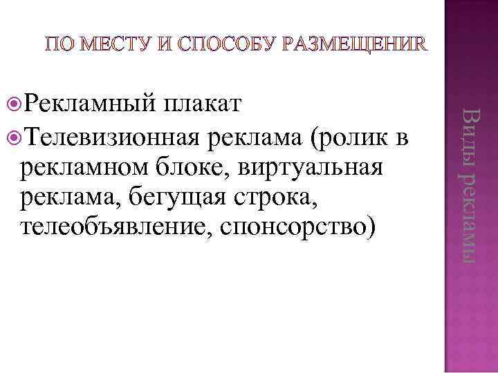 плакат Телевизионная реклама (ролик в рекламном блоке, виртуальная реклама, бегущая строка, телеобъявление, спонсорство) Виды