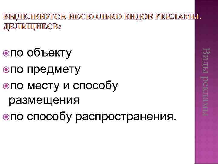 объекту по предмету по месту и способу размещения по способу распространения. Виды рекламы по