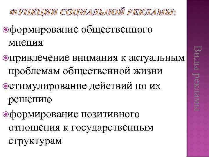  формирование общественного Виды рекламы мнения привлечение внимания к актуальным проблемам общественной жизни стимулирование