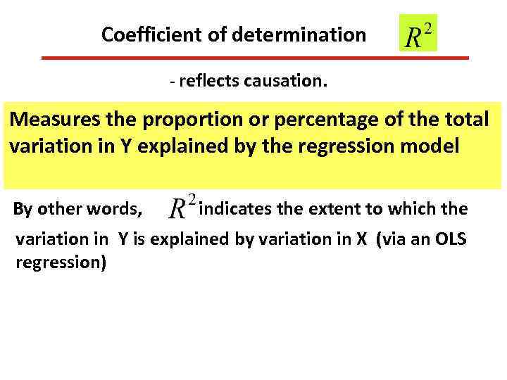 Coefficient of determination - reflects causation. Measures the proportion or percentage of the total