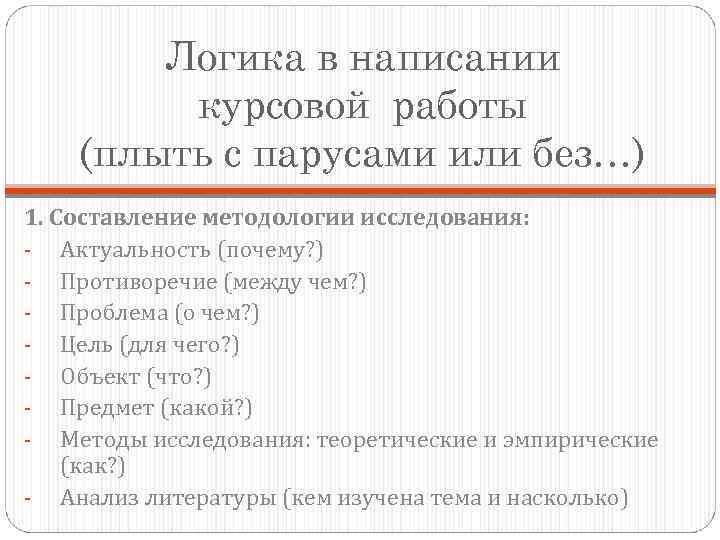 Логика в написании курсовой работы (плыть с парусами или без…) 1. Составление методологии исследования: