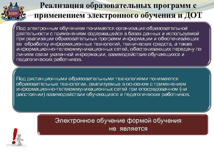 Реализация образовательных программ с применением электронного обучения и ДОТ Под электронным обучением понимается организация