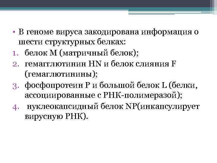  • В геноме вируса закодирована информация о шести структурных белках: 1. белок M