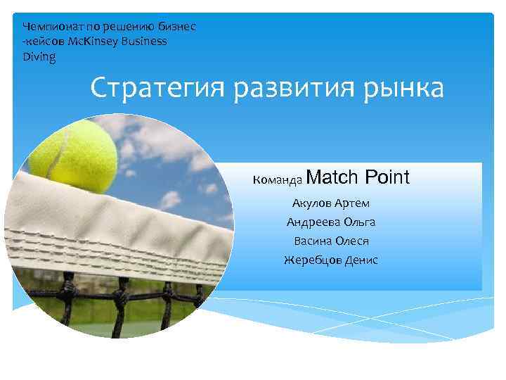 Чемпионат по решению бизнес -кейсов Mc. Kinsey Business Diving Стратегия развития рынка Команда Match