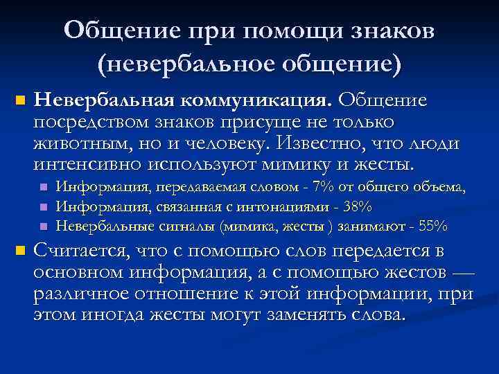 Общение при помощи знаков (невербальное общение) n Невербальная коммуникация. Общение посредством знаков присуще не