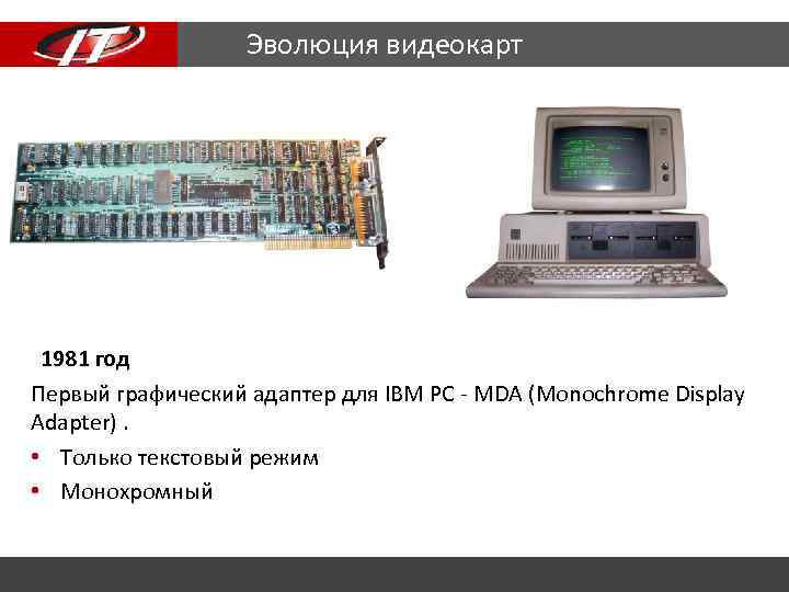 Эволюция видеокарт 1981 год Первый графический адаптер для IBM PC - MDA (Monochrome Display
