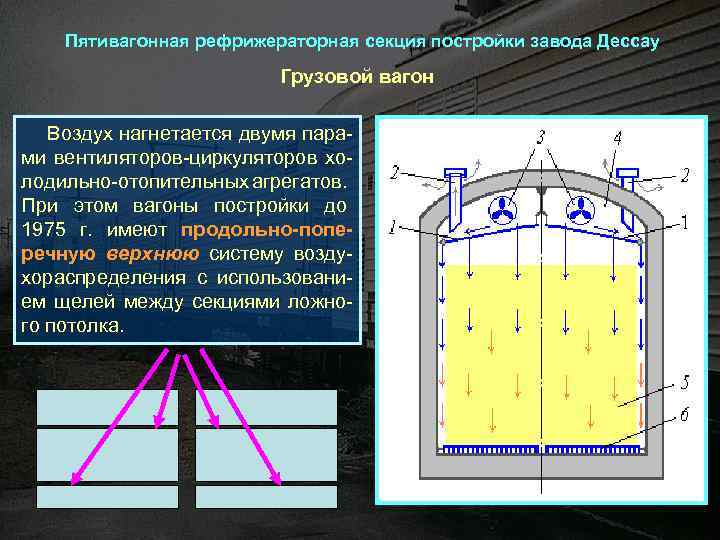 Пятивагонная рефрижераторная секция постройки завода Дессау Грузовой вагон Воздух нагнетается двумя парами вентиляторов-циркуляторов холодильно-отопительных