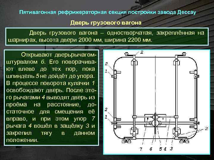 Пятивагонная рефрижераторная секция постройки завода Дессау Дверь грузового вагона Дверь грузового вагона – одностворчатая,