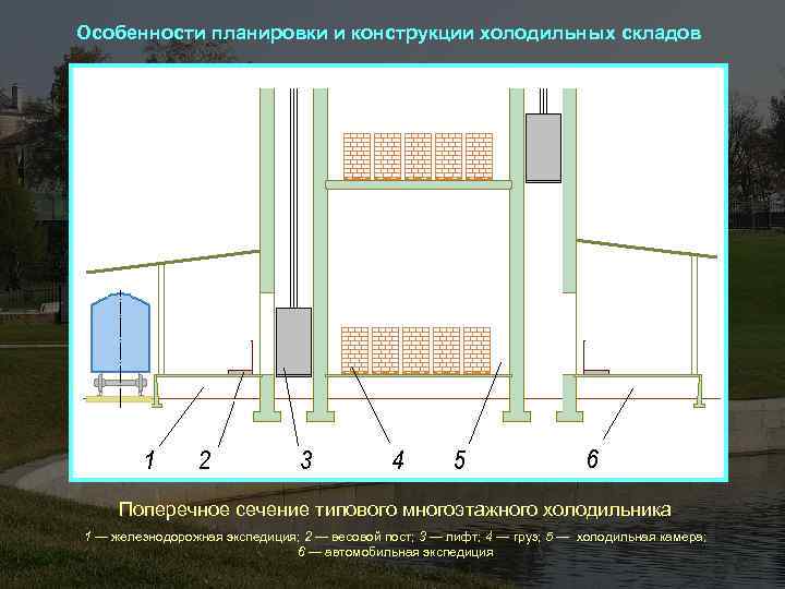 Особенности планировки и конструкции холодильных складов Поперечное сечение типового многоэтажного холодильника 1 — железнодорожная