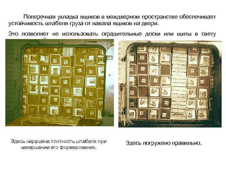  Поперечная укладка ящиков в междверном пространстве обеспечивает устойчивость штабеля груза от навала ящиков