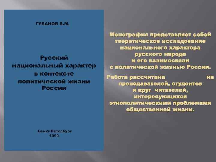 ГУБАНОВ В. М. Русский национальный характер в контексте политической жизни России Санкт Петербург 1999