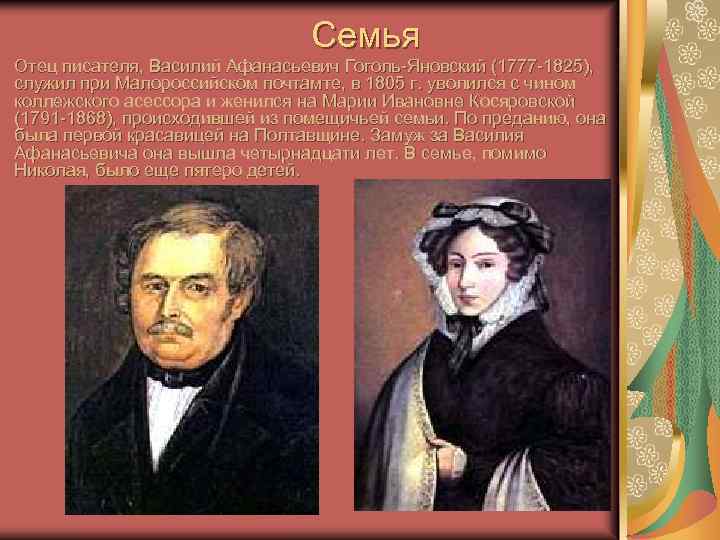 Семья Отец писателя, Василий Афанасьевич Гоголь-Яновский (1777 -1825), служил при Малороссийском почтамте, в 1805