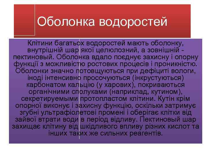 Оболонка водоростей Клітини багатьох водоростей мають оболонку, внутрішній шар якої целюлозний, а зовнішній пектиновый.