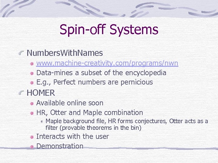 Spin-off Systems Numbers. With. Names www. machine-creativity. com/programs/nwn Data-mines a subset of the encyclopedia
