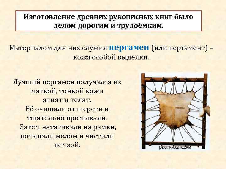 Изготовление древних рукописных книг было делом дорогим и трудоёмким. Материалом для них служил пергамен