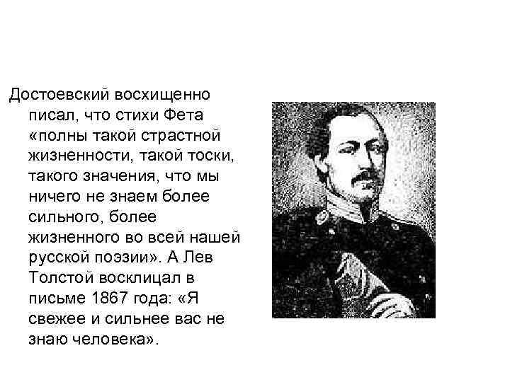 Достоевский восхищенно писал, что стихи Фета «полны такой страстной жизненности, такой тоски, такого значения,
