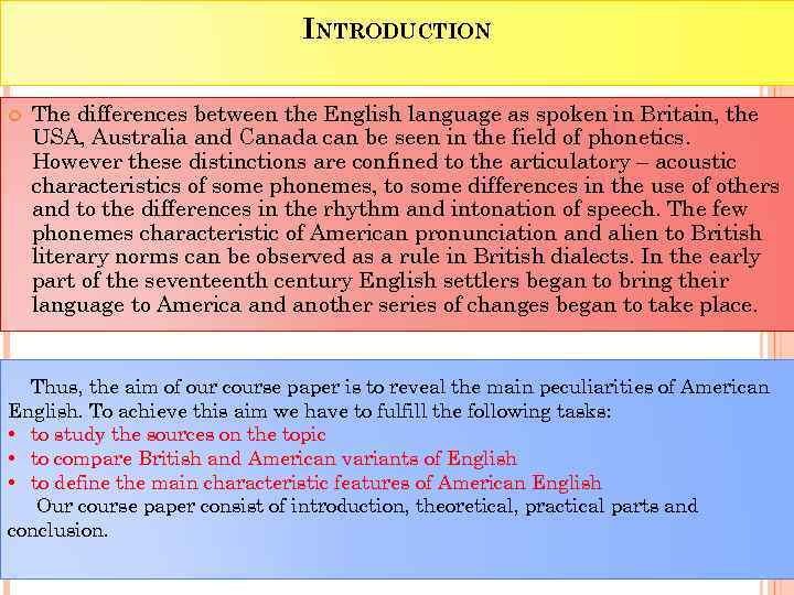 INTRODUCTION The differences between the English language as spoken in Britain, the USA, Australia