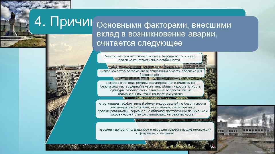 4. Причины. Основными факторами, внесшими вклад в возникновение аварии, считается следующее Реактор не соответствовал