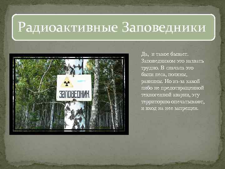 Радиоактивные Заповедники Да, и такое бывает. Заповедником это назвать трудно. В сначала это были