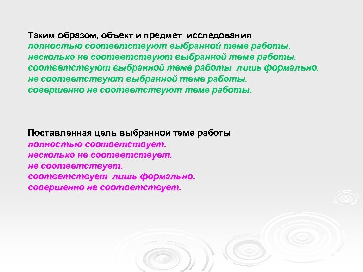 Таким образом, объект и предмет исследования полностью соответствуют выбранной теме работы. несколько не соответствуют