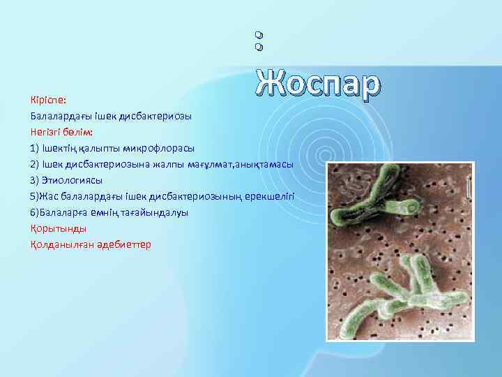 : Жоспар Кіріспе: Балалардағы ішек дисбактериозы Негізгі бөлім: 1) Ішектің қалыпты микрофлорасы 2) Ішек