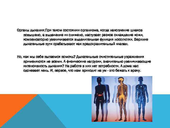 Органы дыхания: При таком состоянии организма, когда накопление шлаков повышено, а выделение их снижено,