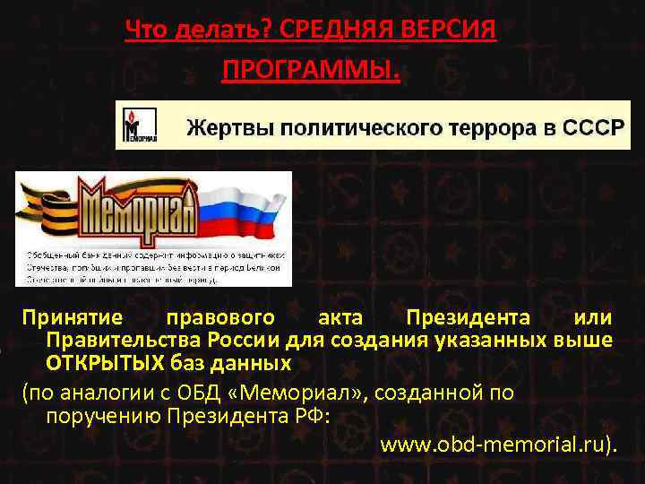 Что делать? СРЕДНЯЯ ВЕРСИЯ ПРОГРАММЫ. Принятие правового акта Президента или Правительства России для создания